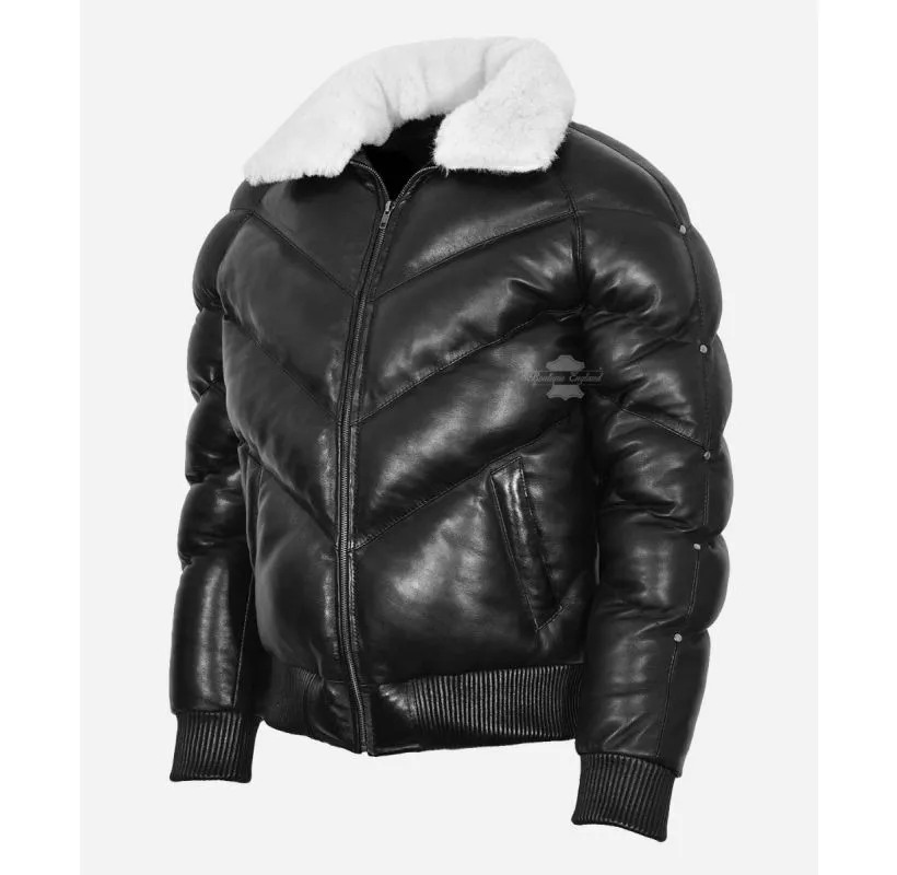 Ace Puffer Leather Jacket Men's Classic Padded Fur Collared Jacket