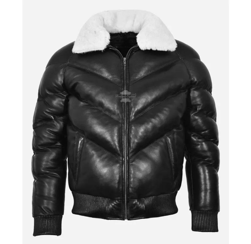 Ace Puffer Leather Jacket Men's Classic Padded Fur Collared Jacket