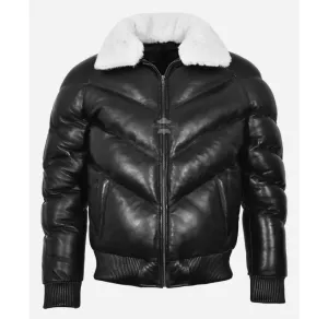 Ace Puffer Leather Jacket Men's Classic Padded Fur Collared Jacket