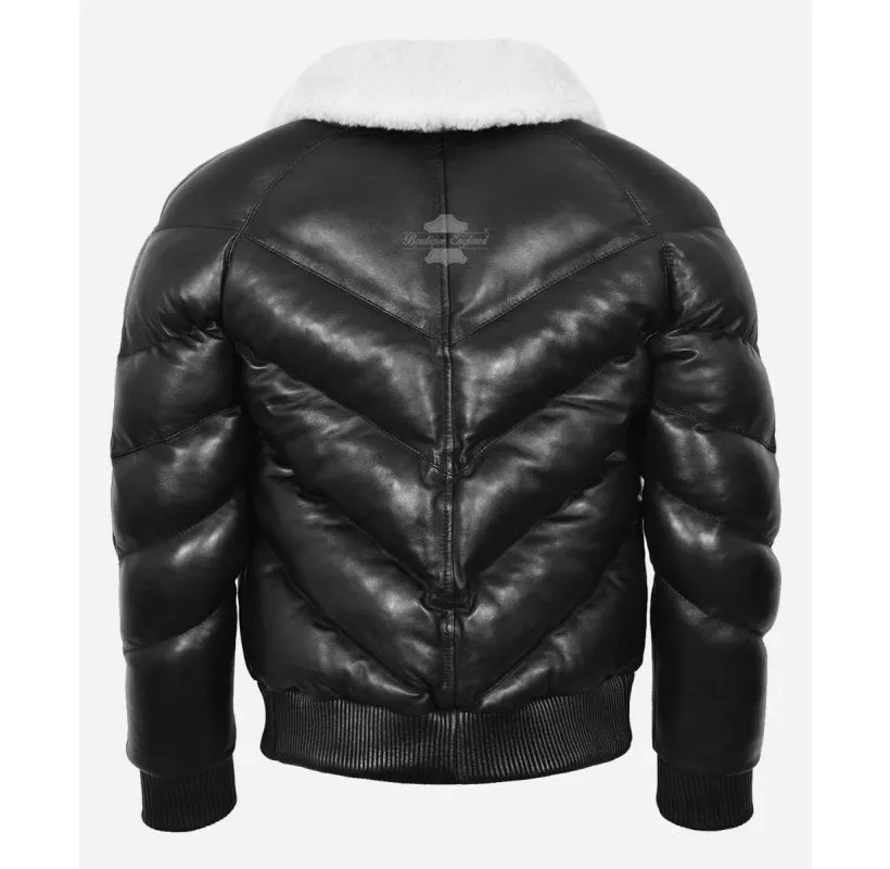 Ace Puffer Leather Jacket Men's Classic Padded Fur Collared Jacket