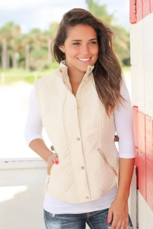 Beige Quilted Vest with Fur Lining