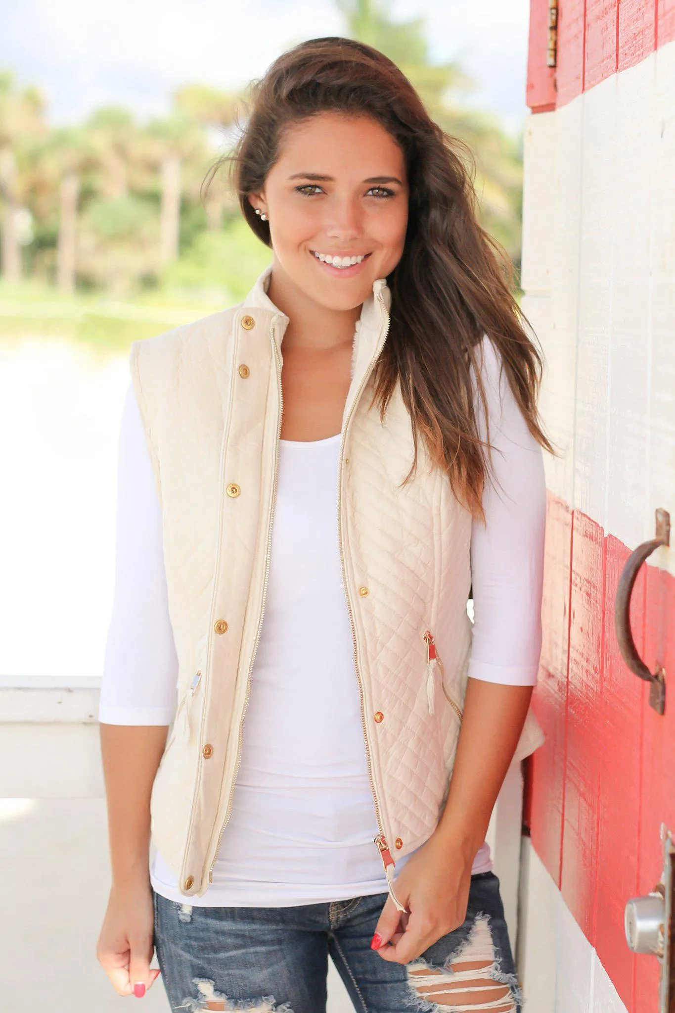 Beige Quilted Vest with Fur Lining