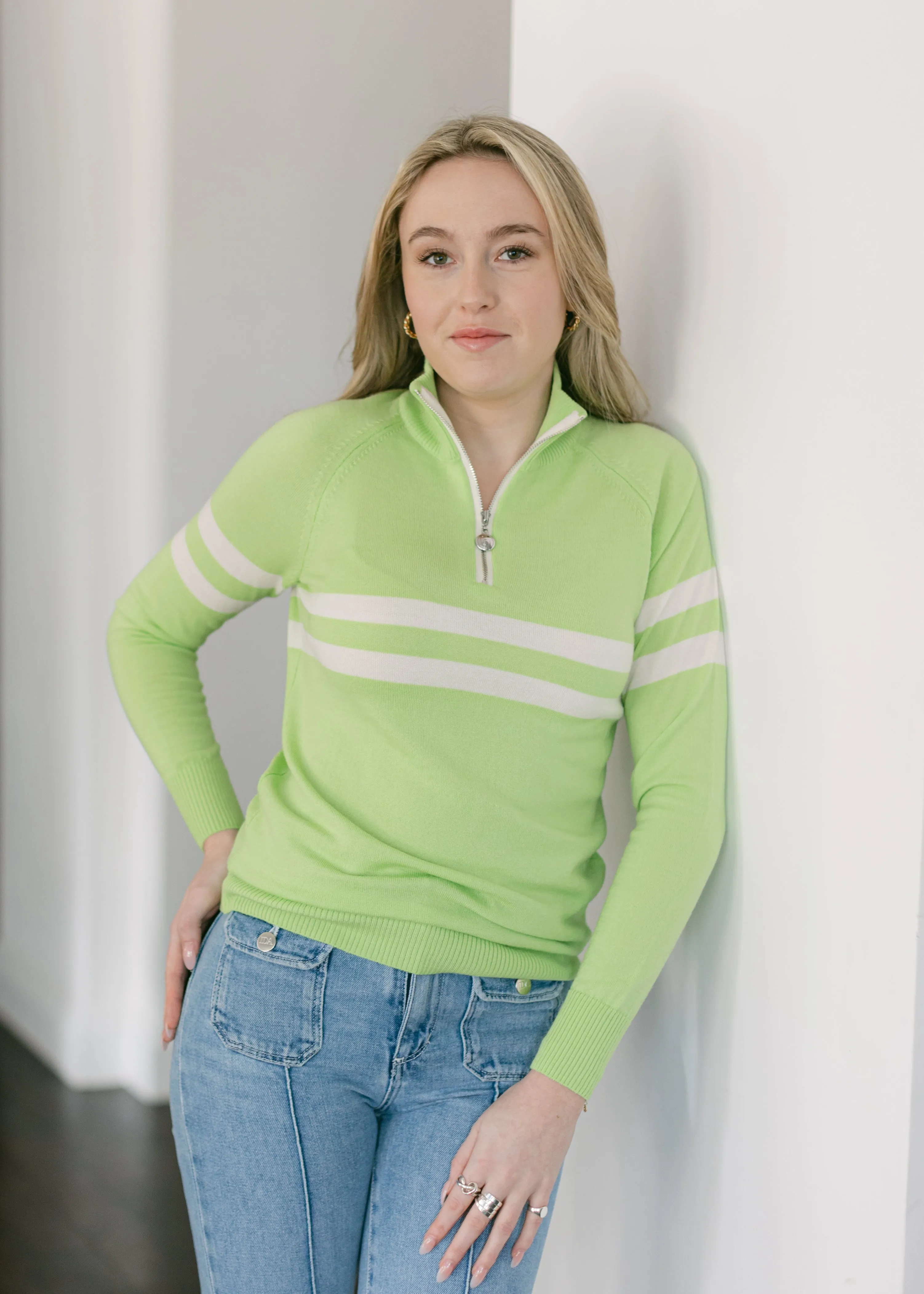 Birdie 6 Zip Jumper in Soft Apple Green & Cream