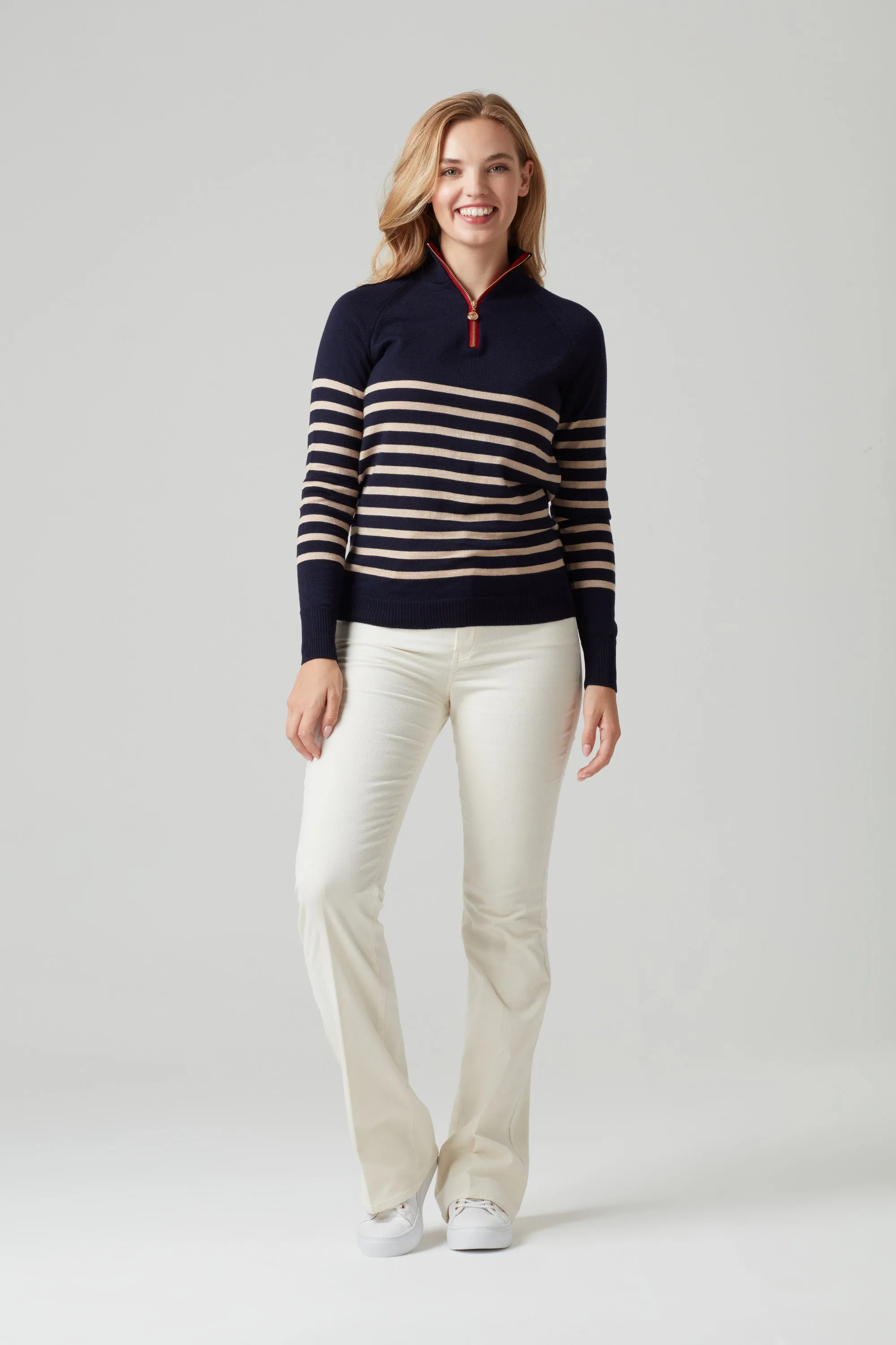 Birdie 9 Breton zip jumper in Navy, Soft Beige & Red