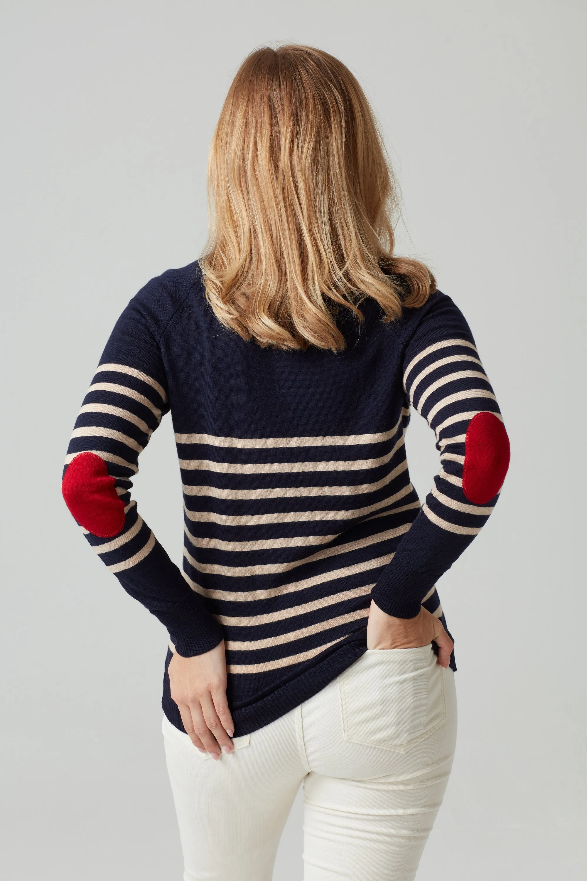 Birdie 9 Breton zip jumper in Navy, Soft Beige & Red