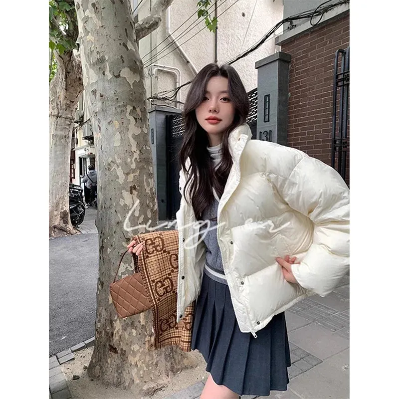 Bonnyshow Short Parkas Women Streetwear Cropped Down Coat Korean Sweet Puffer Jacket Winter Solid Casual All Match Cotton Padded Outwear