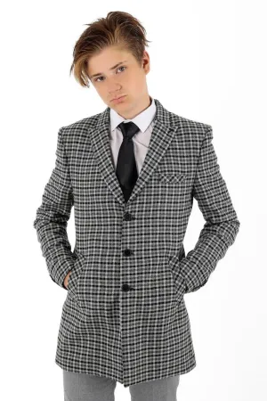 Boys Wool Birdseye Tweed Slim Fit Midi Coat - Light Grey