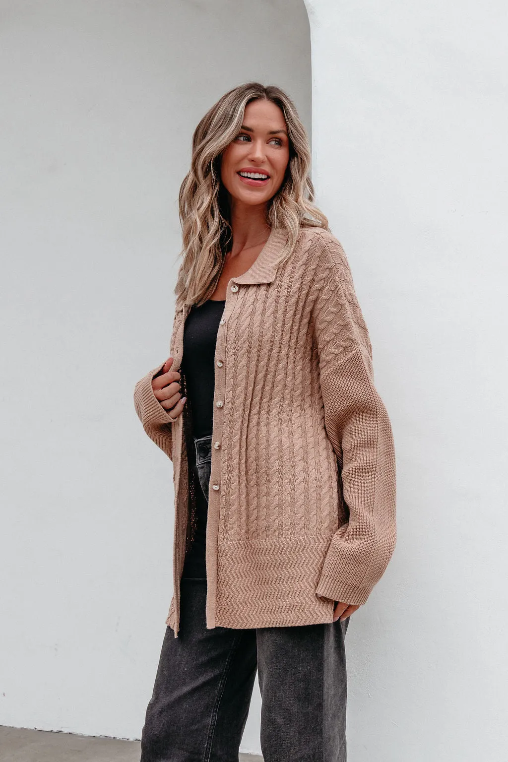 Camel Cable Knit Sweater Cardigan