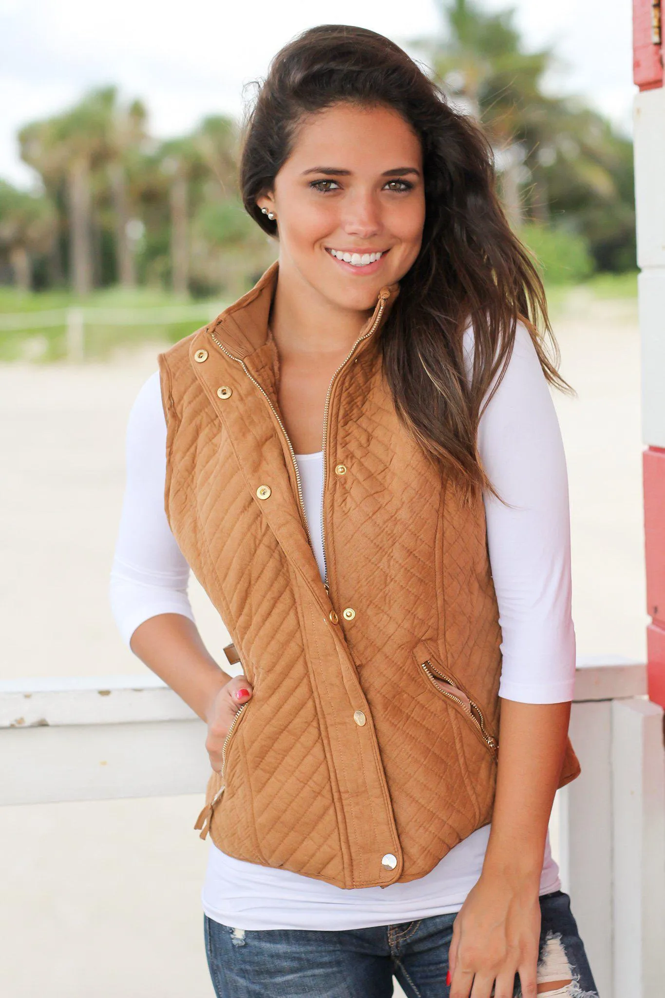 Camel Quilted Vest with Fur Lining