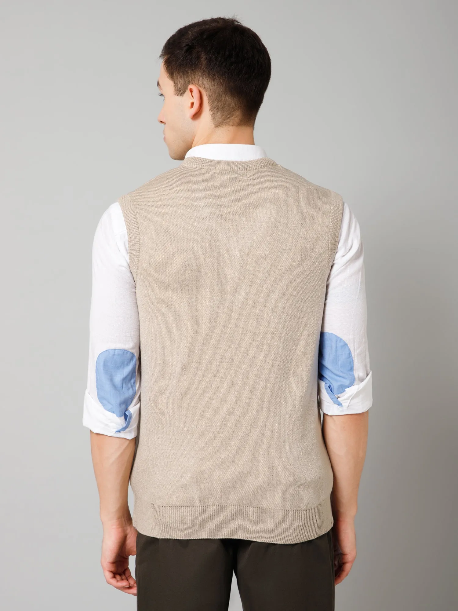 Checkered Beige Sleeveless V Neck Regular Fit Casual Sweater for Men