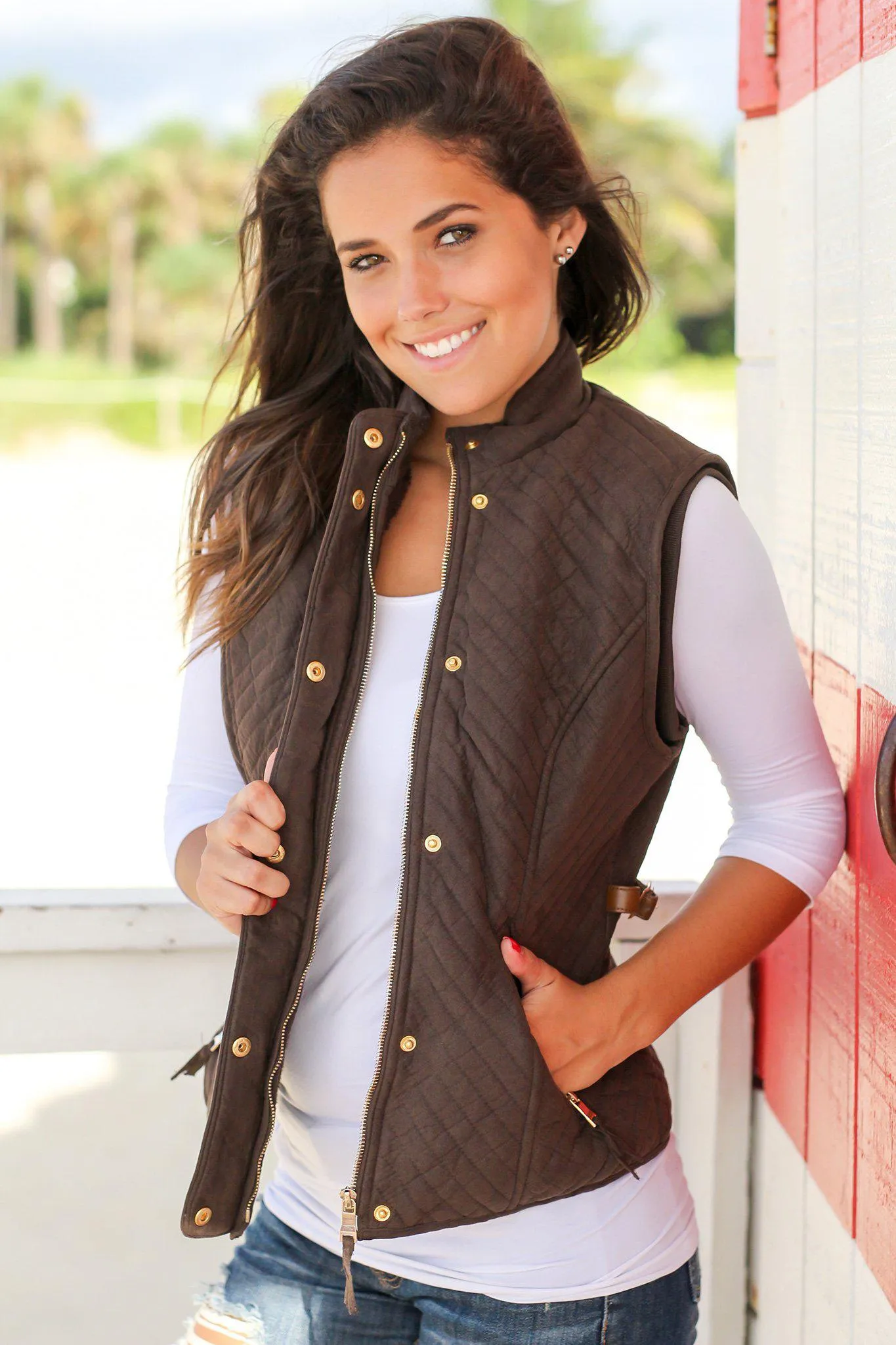 Chocolate Quilted Vest with Fur Lining