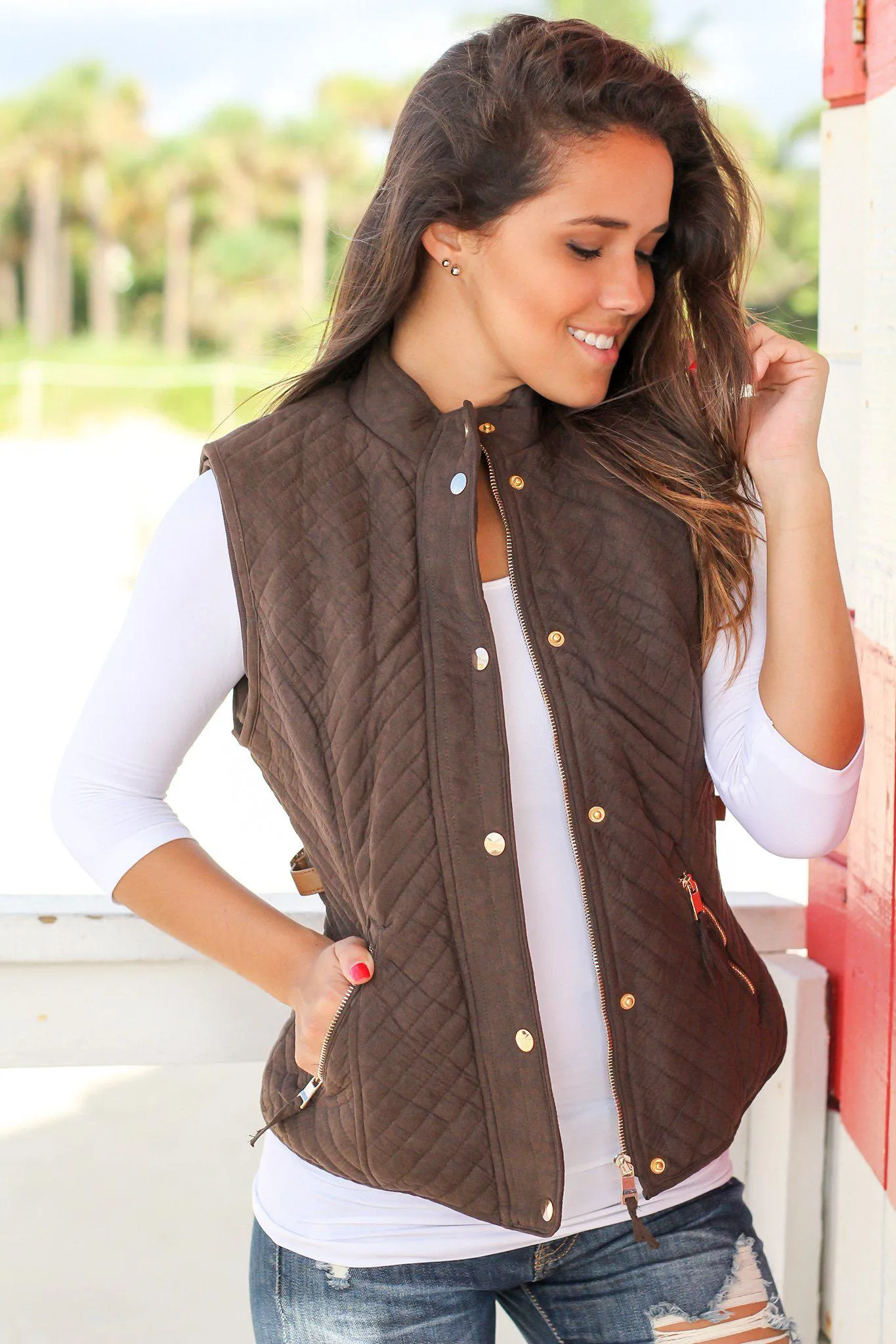 Chocolate Quilted Vest with Fur Lining