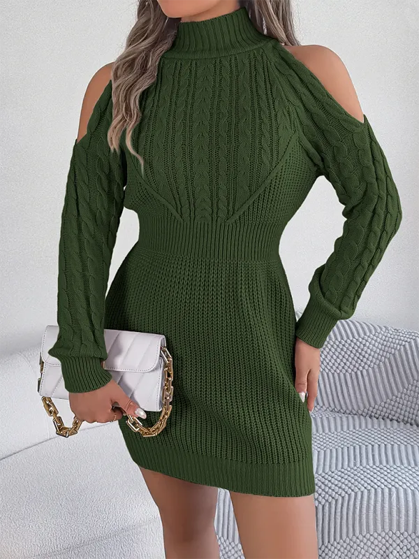 Cold-shoulder Turtleneck Cables & Ribs Knit Mini Dress