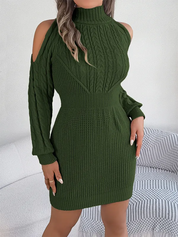 Cold-shoulder Turtleneck Cables & Ribs Knit Mini Dress