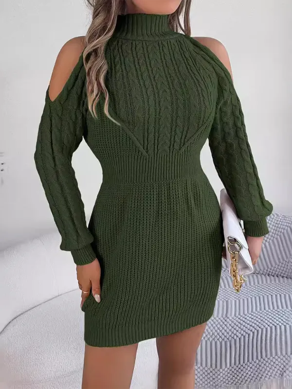 Cold-shoulder Turtleneck Cables & Ribs Knit Mini Dress