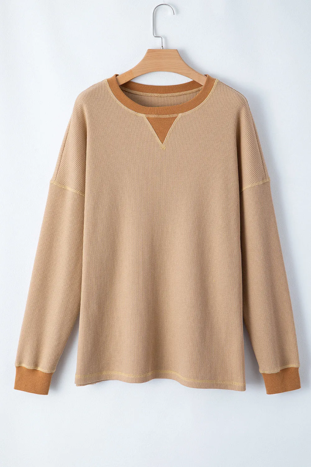 Cozy Thermal Waffle Knit Color Block Pullover Sweatshirt