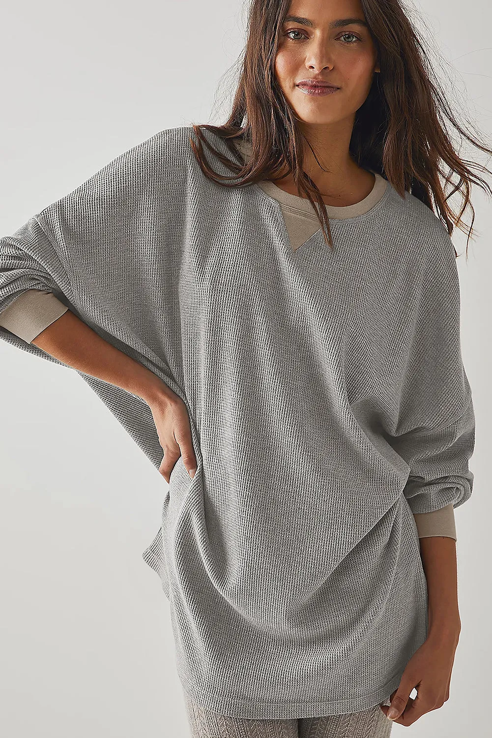 Cozy Thermal Waffle Knit Color Block Pullover Sweatshirt