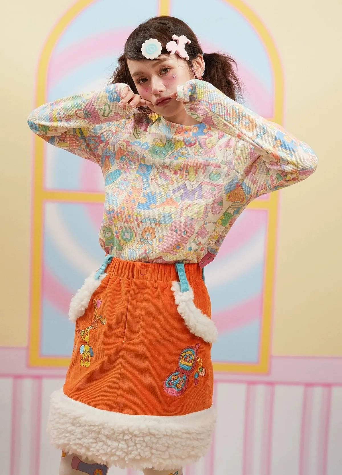 Cute Corduroy Plush Patchwork Thick Short Skirt