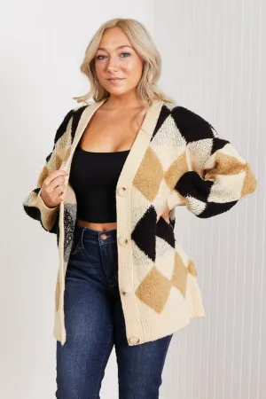 CY Fashion Know-It-All Full Size Argyle Longline Cardigan