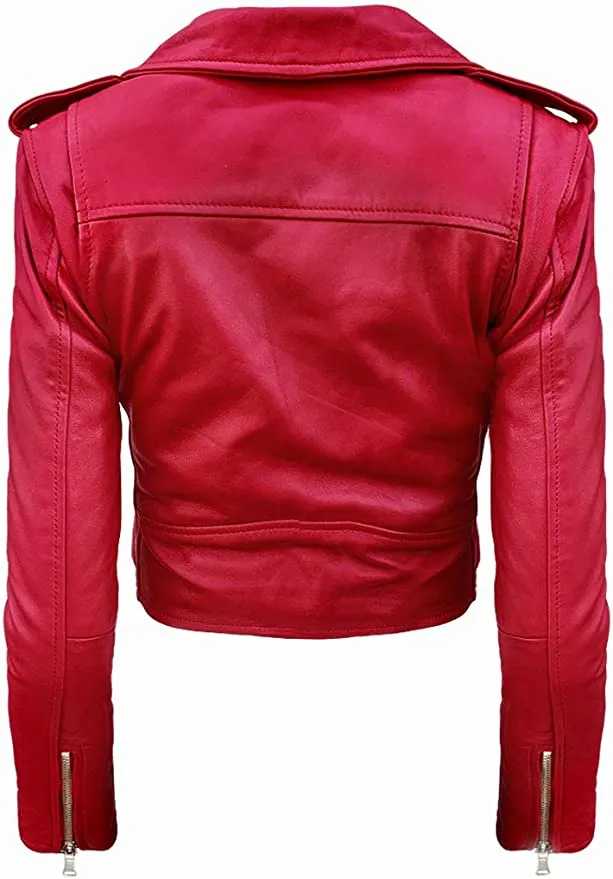 Detachable Faux Fur Collar Moto Leather Jacket in red |  Women Leather Jacket