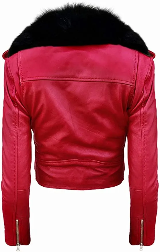 Detachable Faux Fur Collar Moto Leather Jacket in red |  Women Leather Jacket