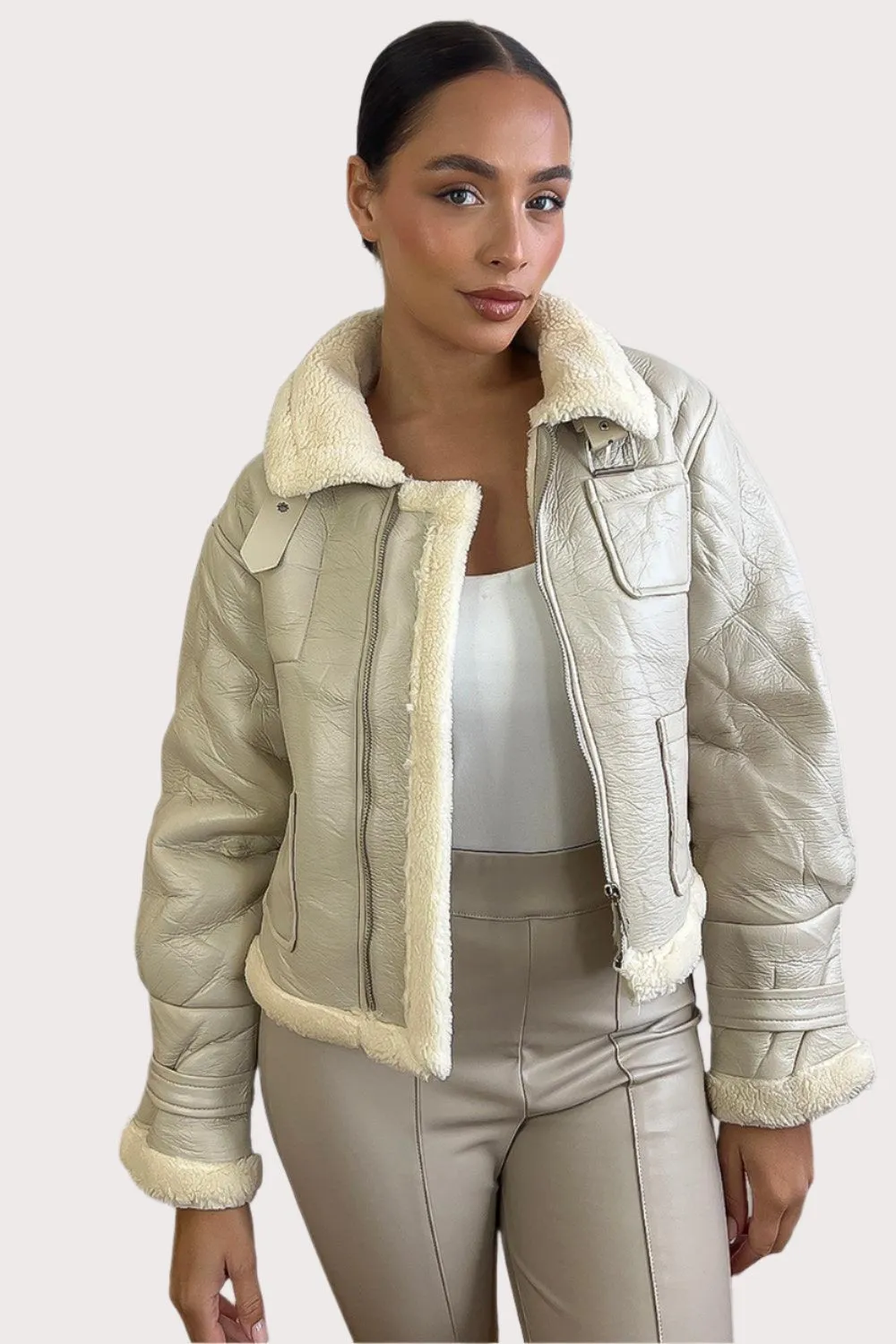 Faux Shearling Leather Aviator Jacket