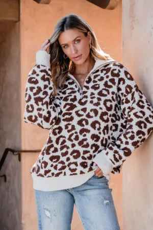 Fuzzy Tan Leopard Print Zip Up Sweater