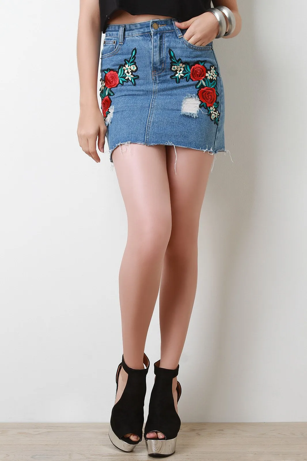 High Waisted Floral Applique Raw Cut Mini Denim Skirt