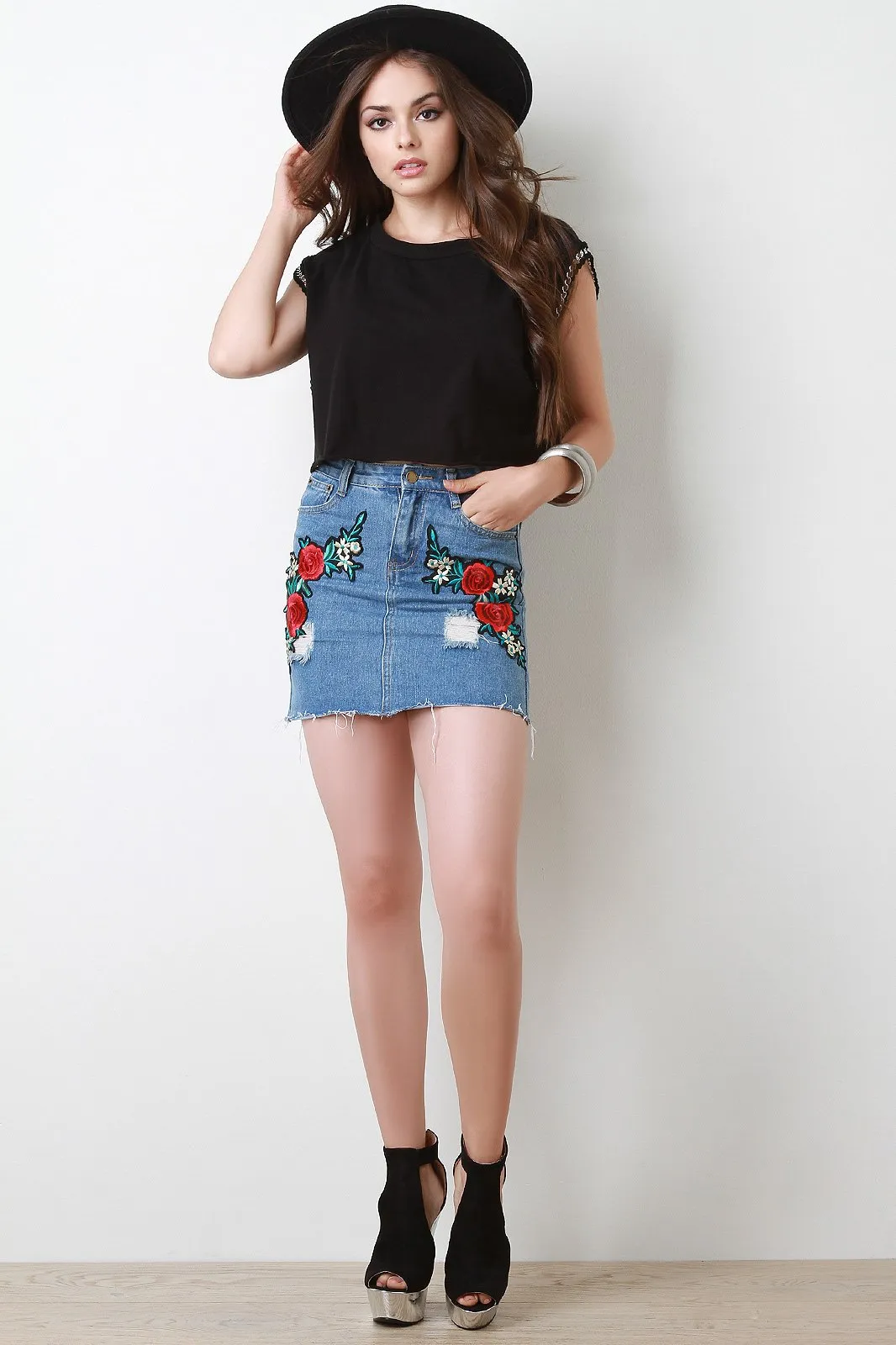 High Waisted Floral Applique Raw Cut Mini Denim Skirt