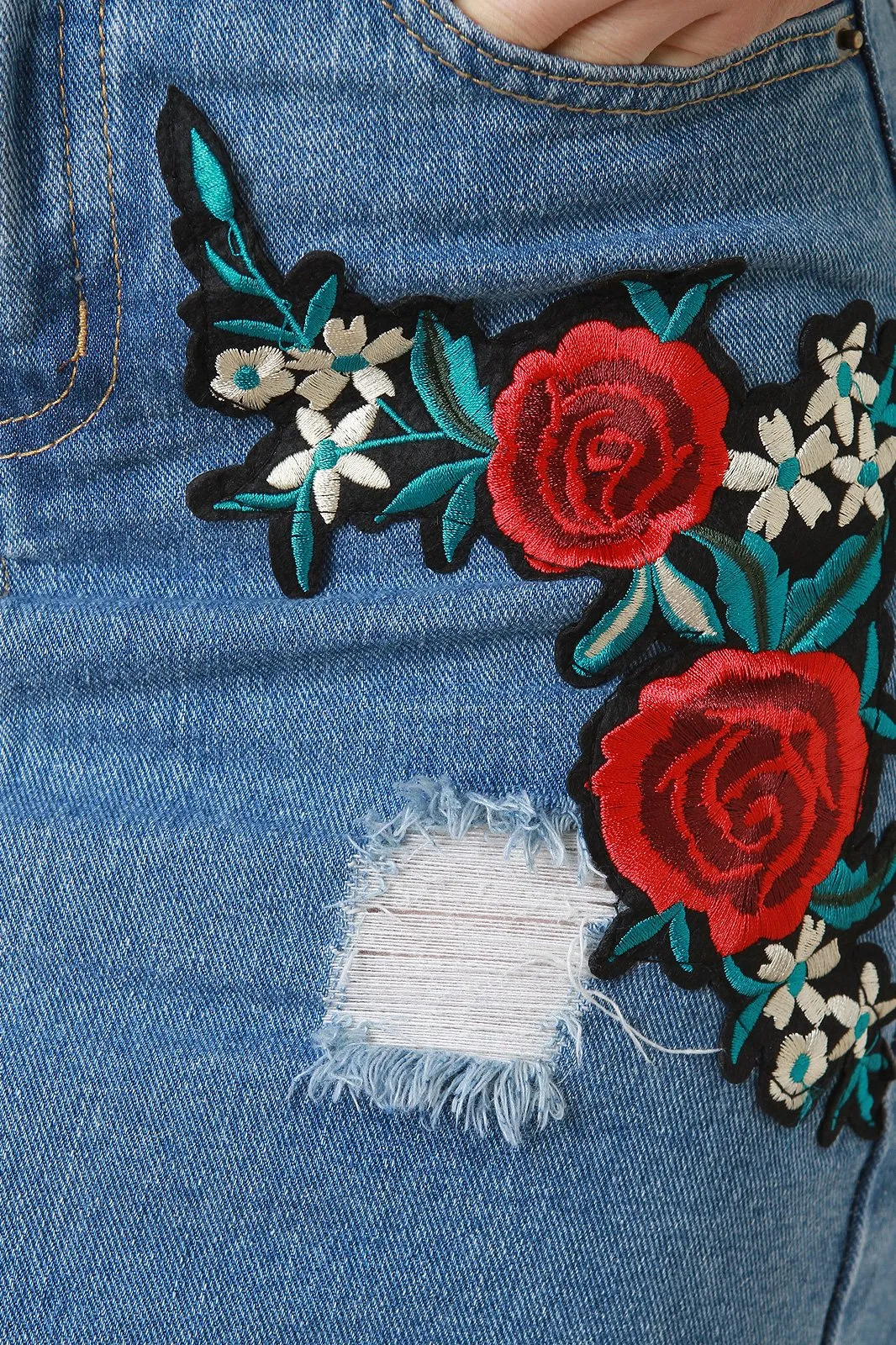 High Waisted Floral Applique Raw Cut Mini Denim Skirt