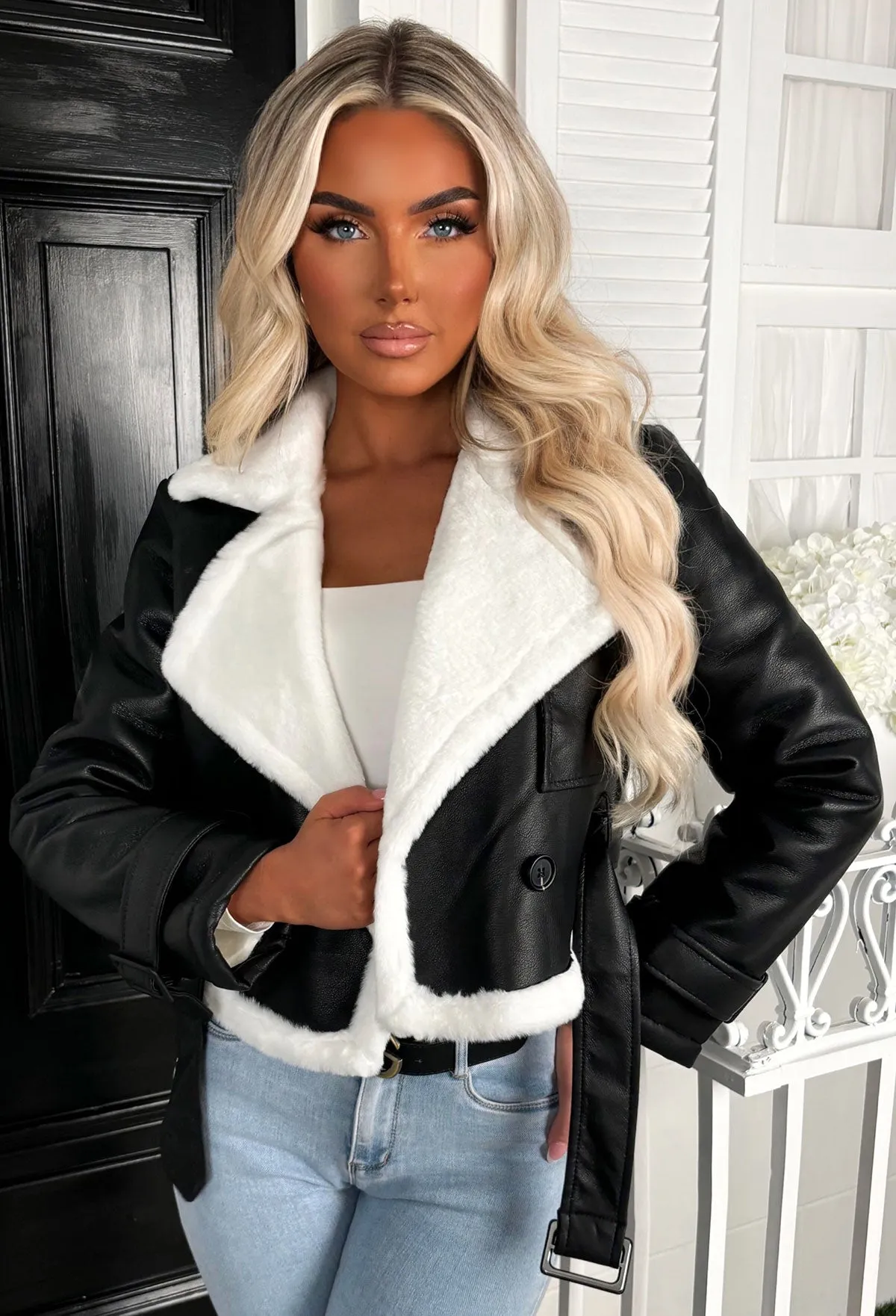 Katya Black Faux Sheepskin Belted Biker Jacket