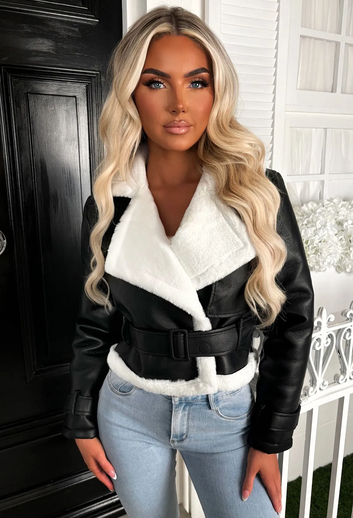 Katya Black Faux Sheepskin Belted Biker Jacket