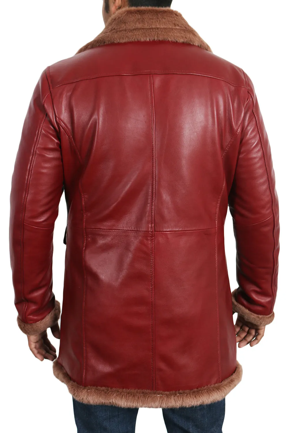 Leather Jackets Hub Mens Genuine Lambskin Leather Over Coat (Maroon, Shearling Coat) - 1702038