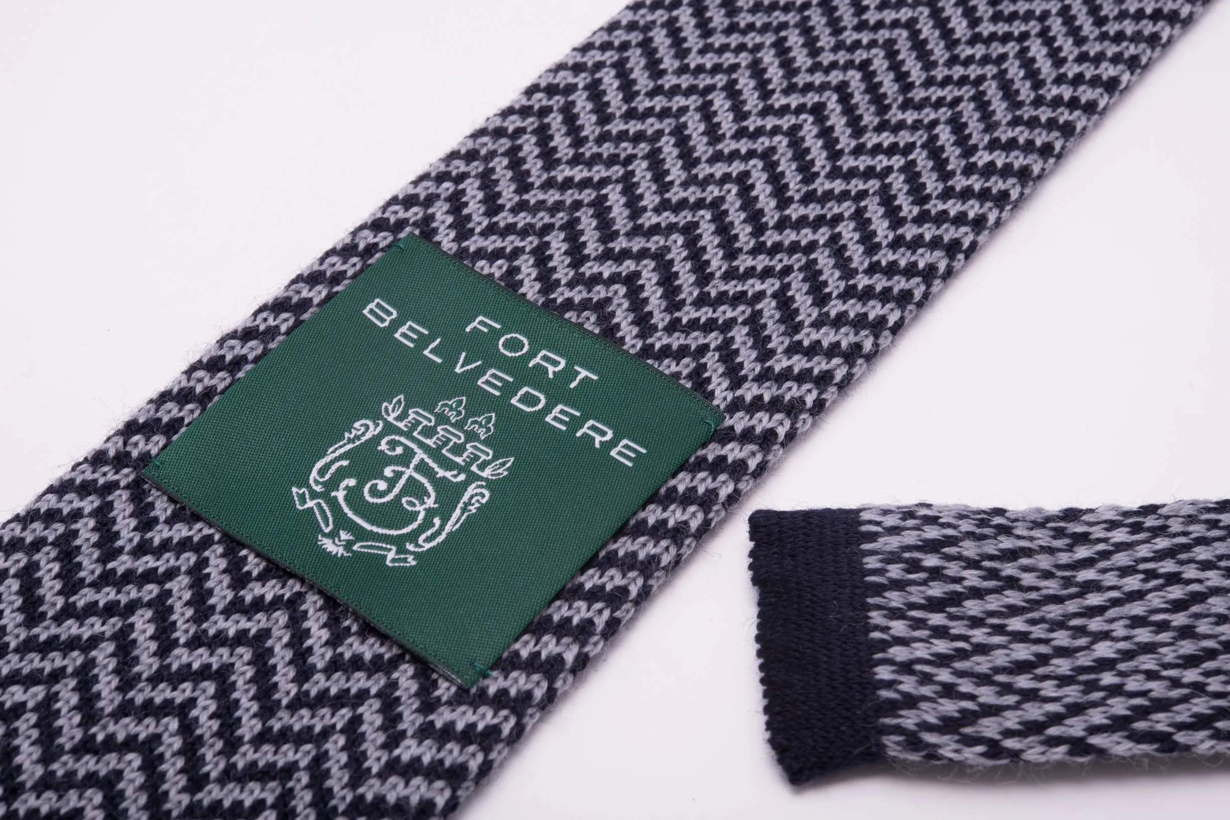 Light Gray & Navy Herringbone Wool Knit Tie