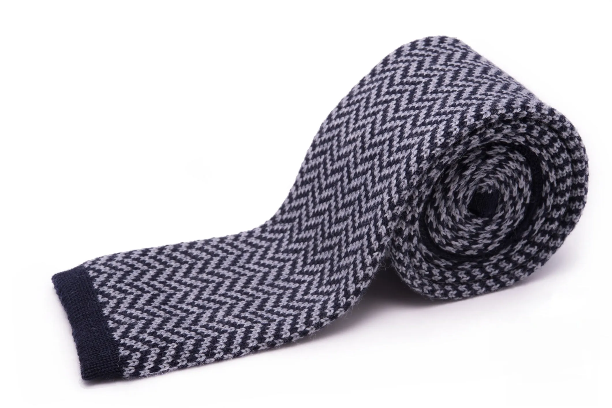 Light Gray & Navy Herringbone Wool Knit Tie