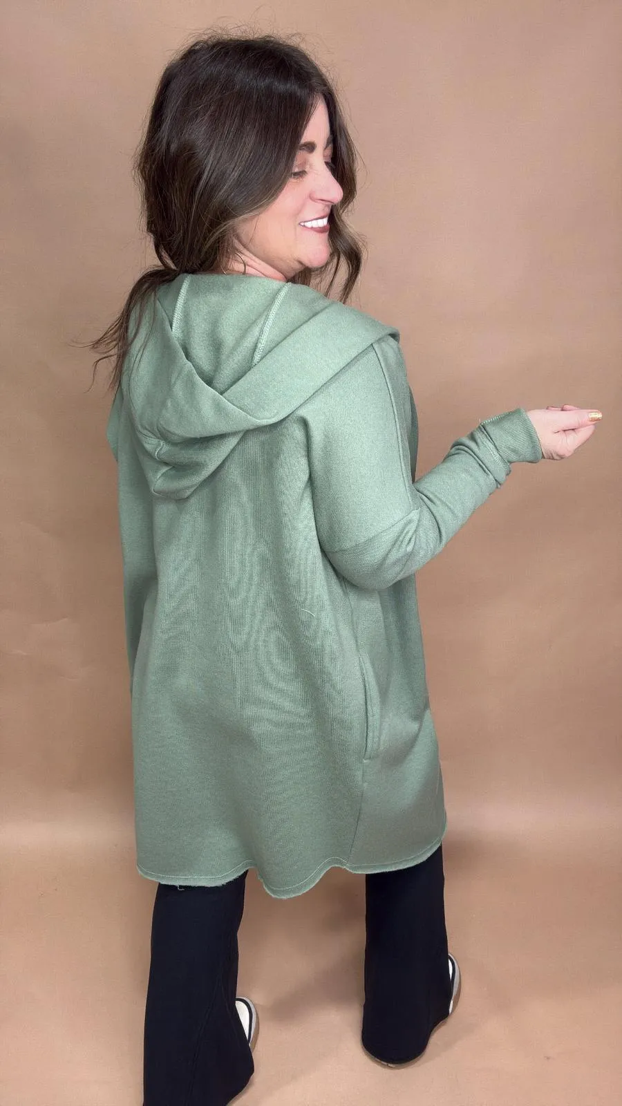 Longline Hooded Cardigan in Moss