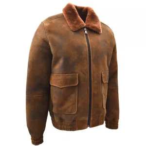 Mens Genuine Sheepskin Bomber Jacket Antique Brown Ginger Shearling Merino Klaus