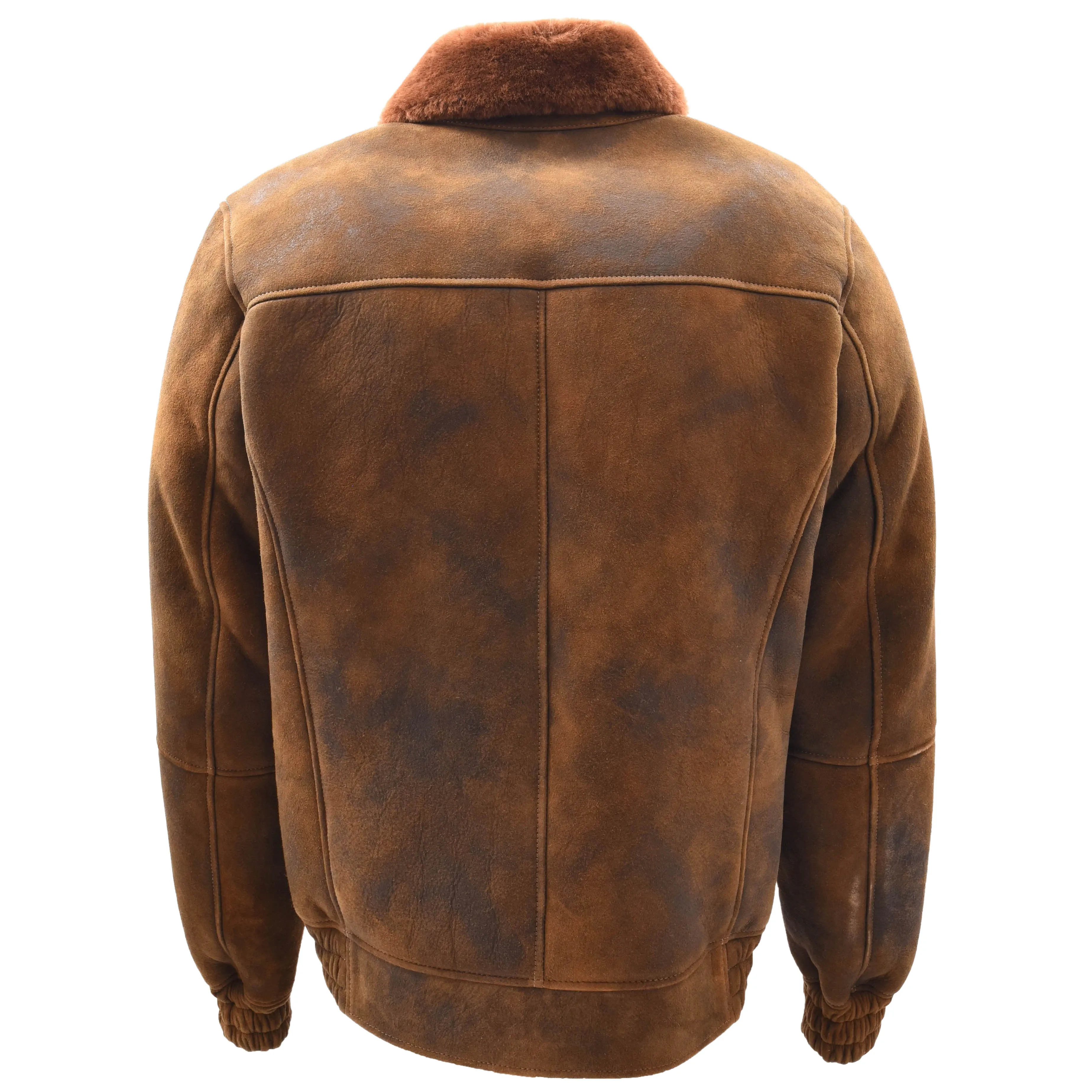 Mens Genuine Sheepskin Bomber Jacket Antique Brown Ginger Shearling Merino Klaus