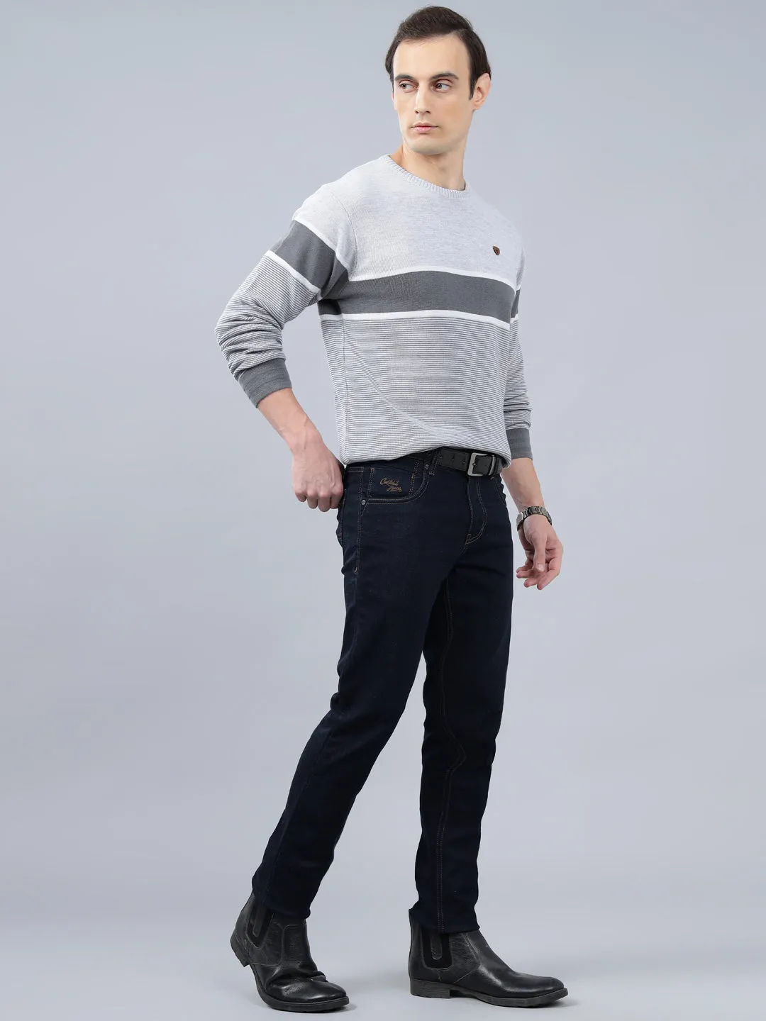 Men's Grey Striped Full Sleeve Sweater