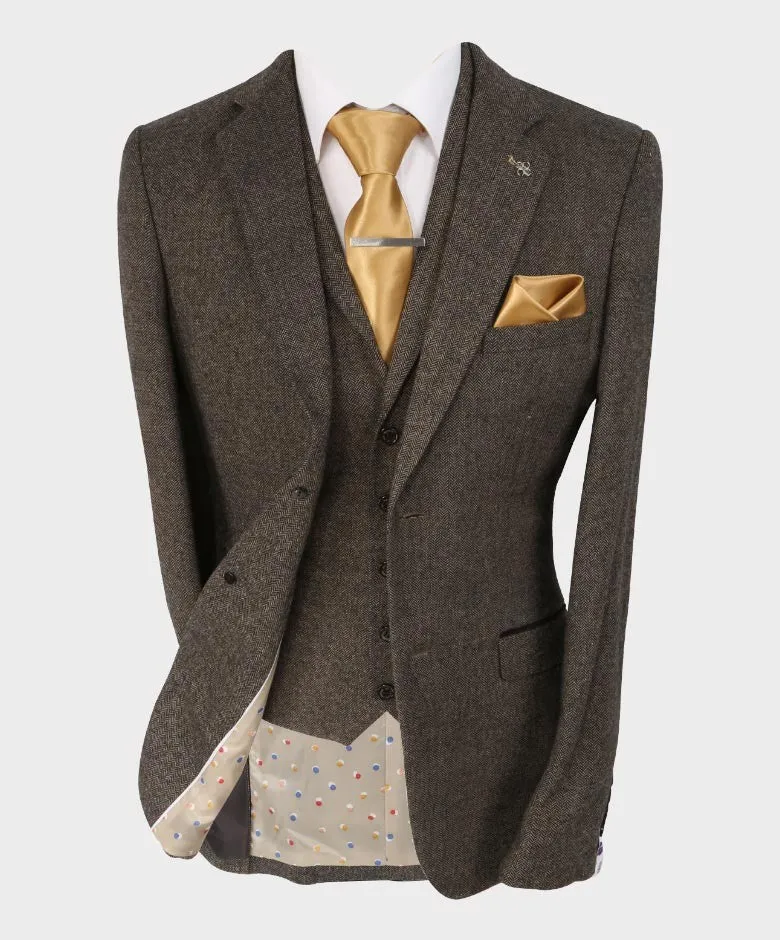 Men's Herringbone Tweed Slim Fit Suit Jacket - MARTEZ - Brown