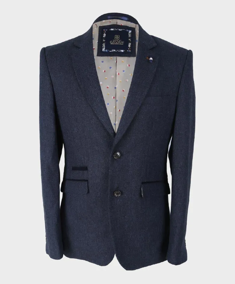 Men's Herringbone Tweed Slim Fit Suit Jacket - MARTEZ - Navy Blue