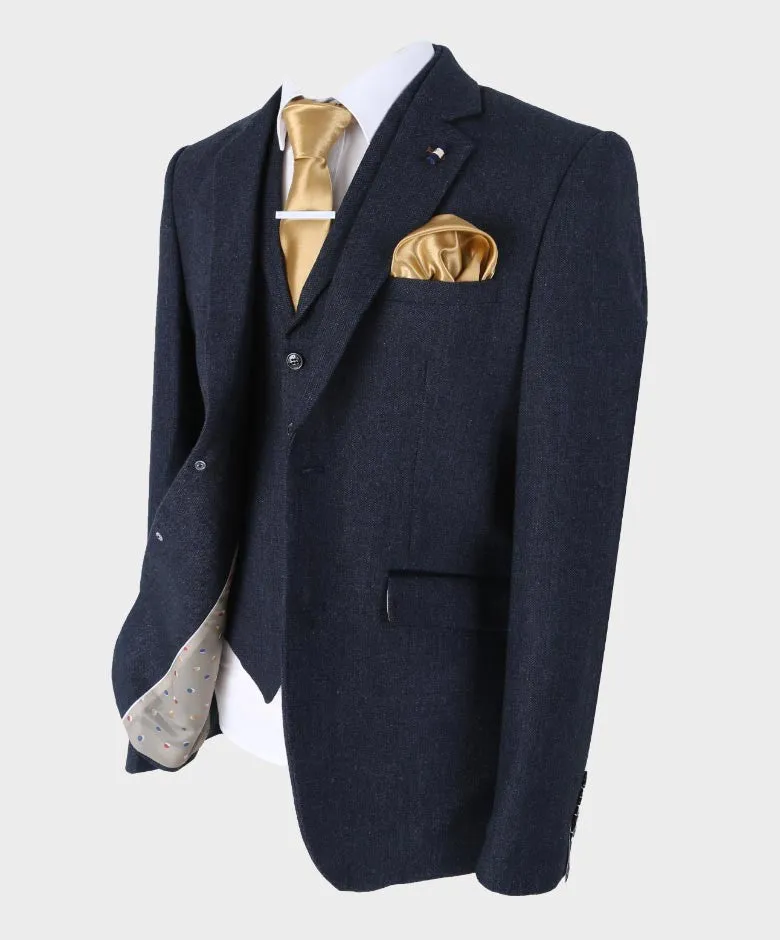 Men's Herringbone Tweed Slim Fit Suit Jacket - MARTEZ - Navy Blue