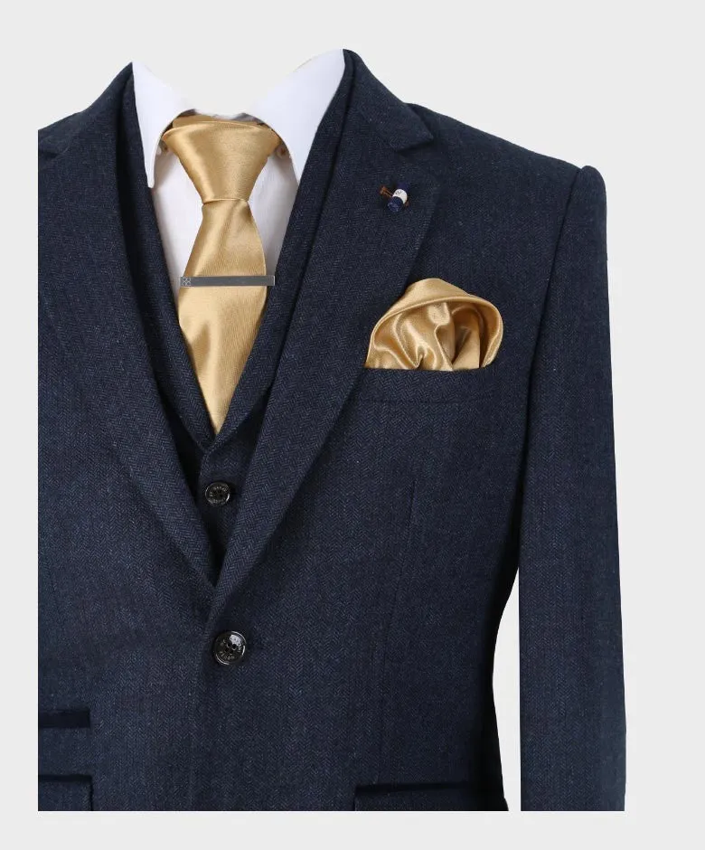 Men's Herringbone Tweed Slim Fit Suit Jacket - MARTEZ - Navy Blue