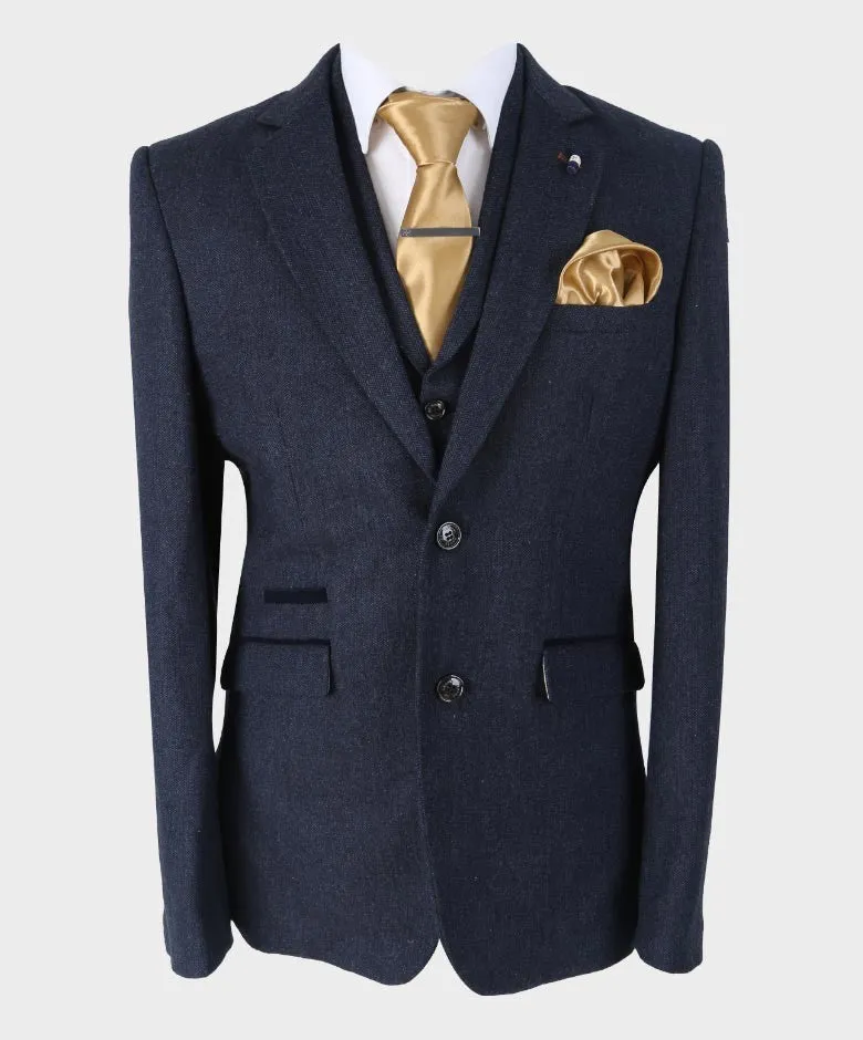 Men's Herringbone Tweed Slim Fit Suit Jacket - MARTEZ - Navy Blue