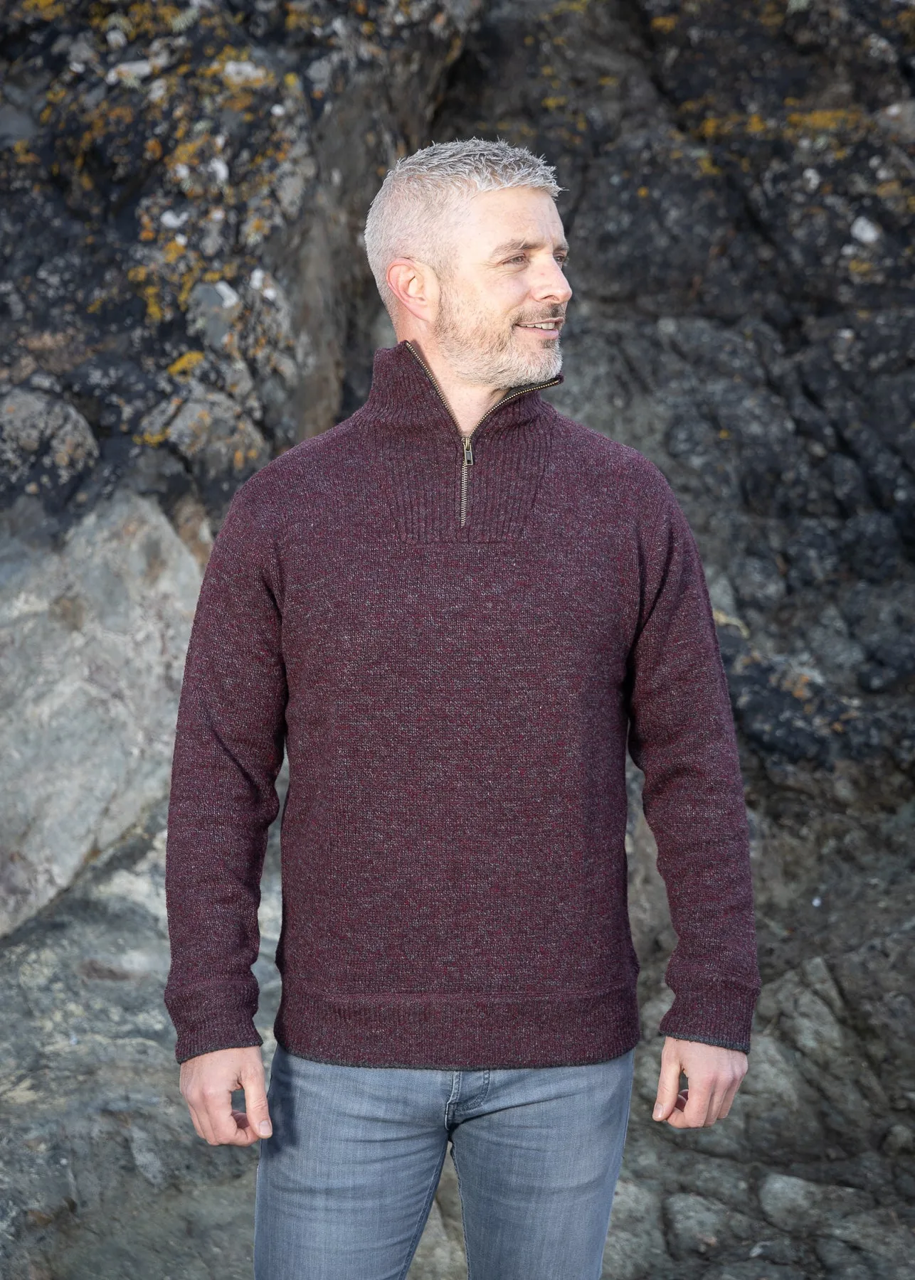 Mens Lambswool Zip Sweater | Claret