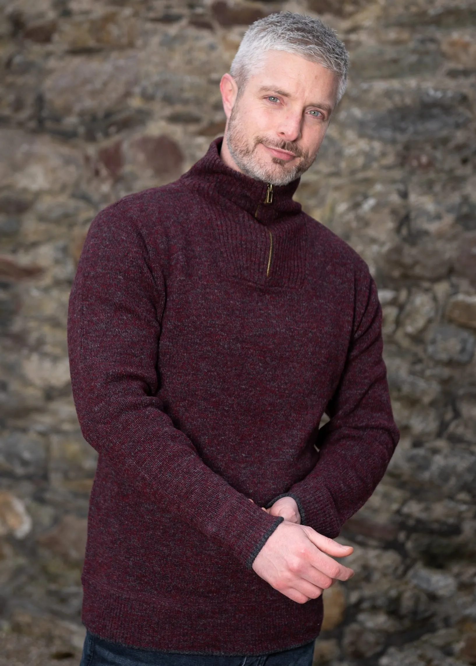 Mens Lambswool Zip Sweater | Claret