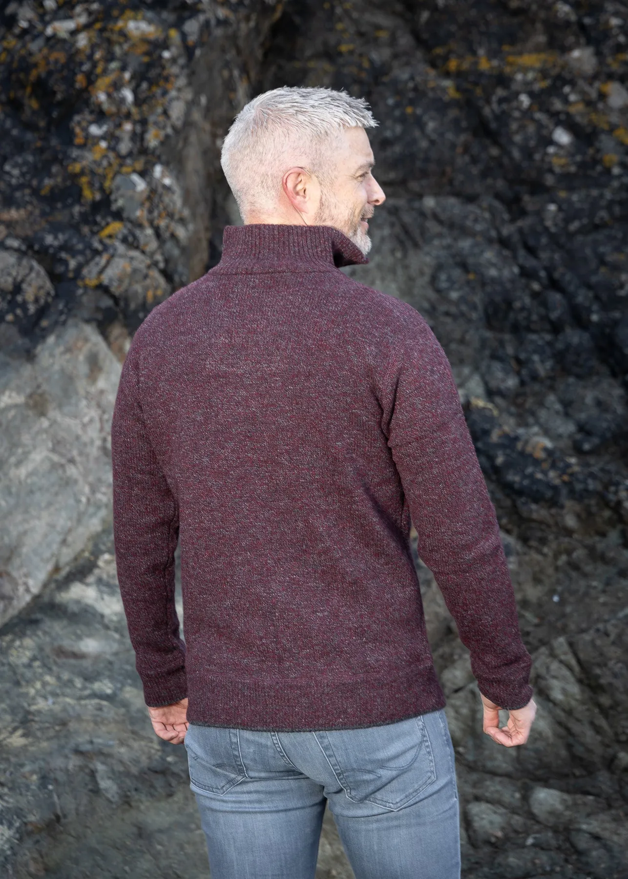 Mens Lambswool Zip Sweater | Claret