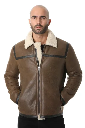 Men's Leather Banded Sheepskin Casual Jacket, Vintage Camel with Beige Curly Wool