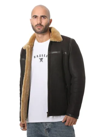 Men's Leather Banded Sheepskin Casual Jacket, Washed Brown with Ginger Wool