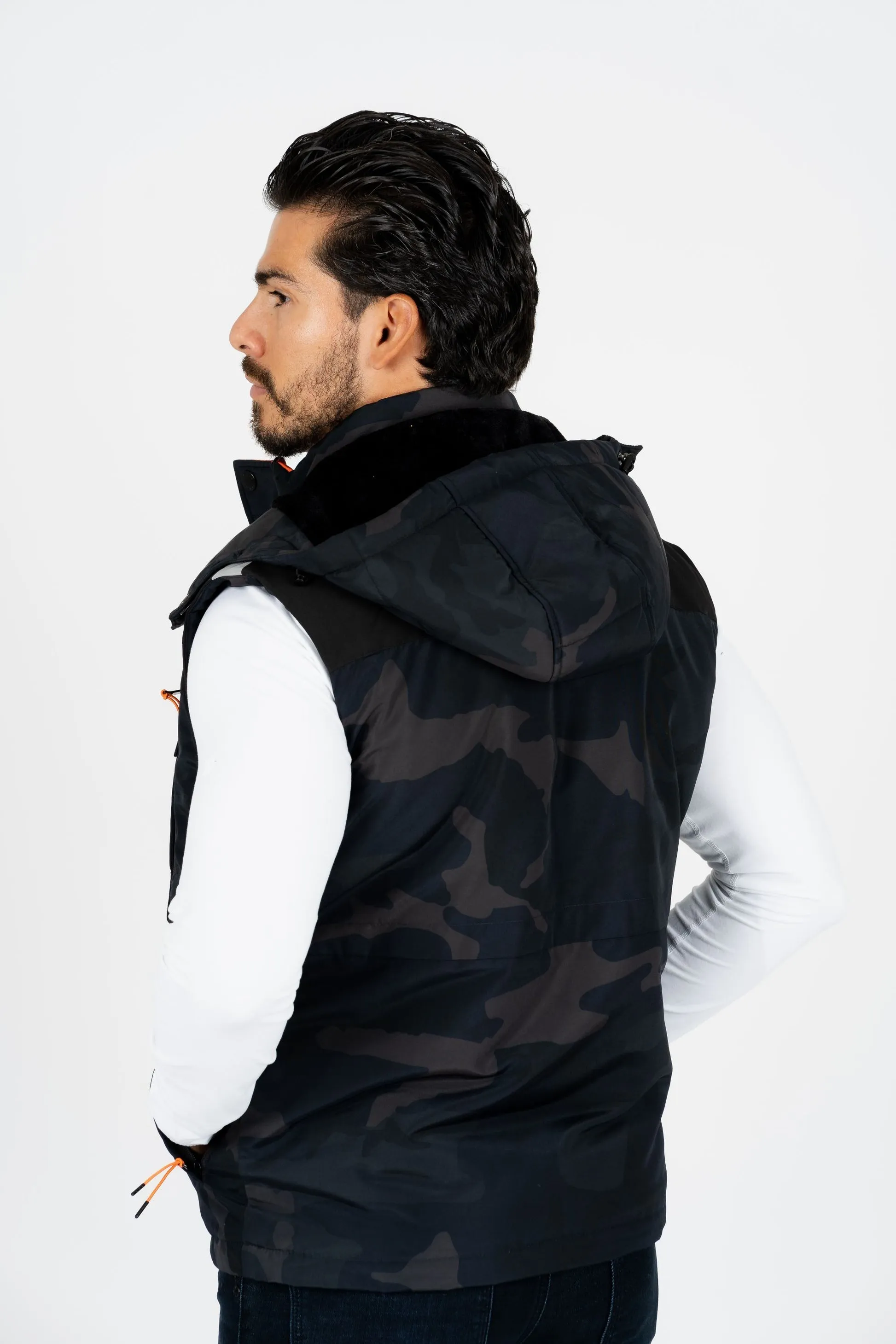 Men's Navy Padded Hooded Vest with Faux Fur Lining | VST8885